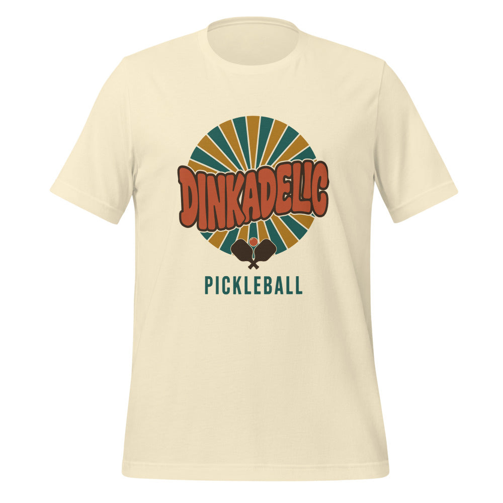 Dinkadelic retro 70s pickleball tee — Natural, front