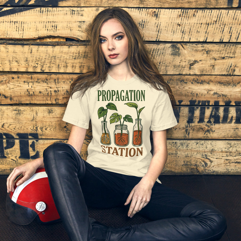 Propagation Station retro botanical plant lover tee — Natural, on model