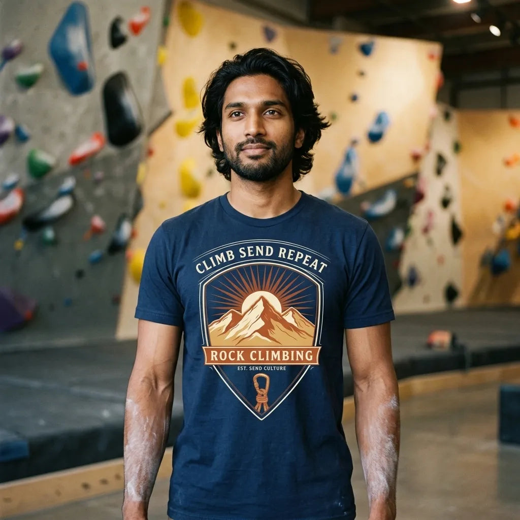 Climb Send Repeat mountaineering crest t-shirt — lifestyle