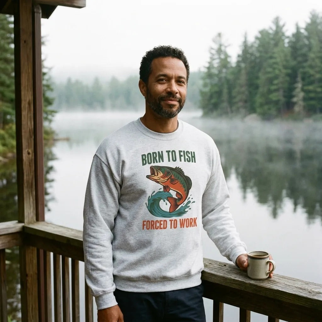 Born to Fish Forced to Work retro fishing humor crewneck sweatshirt — lifestyle