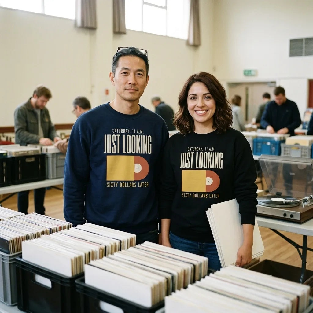 Just Looking Sixty Dollars Later vinyl record crewneck sweatshirt — lifestyle