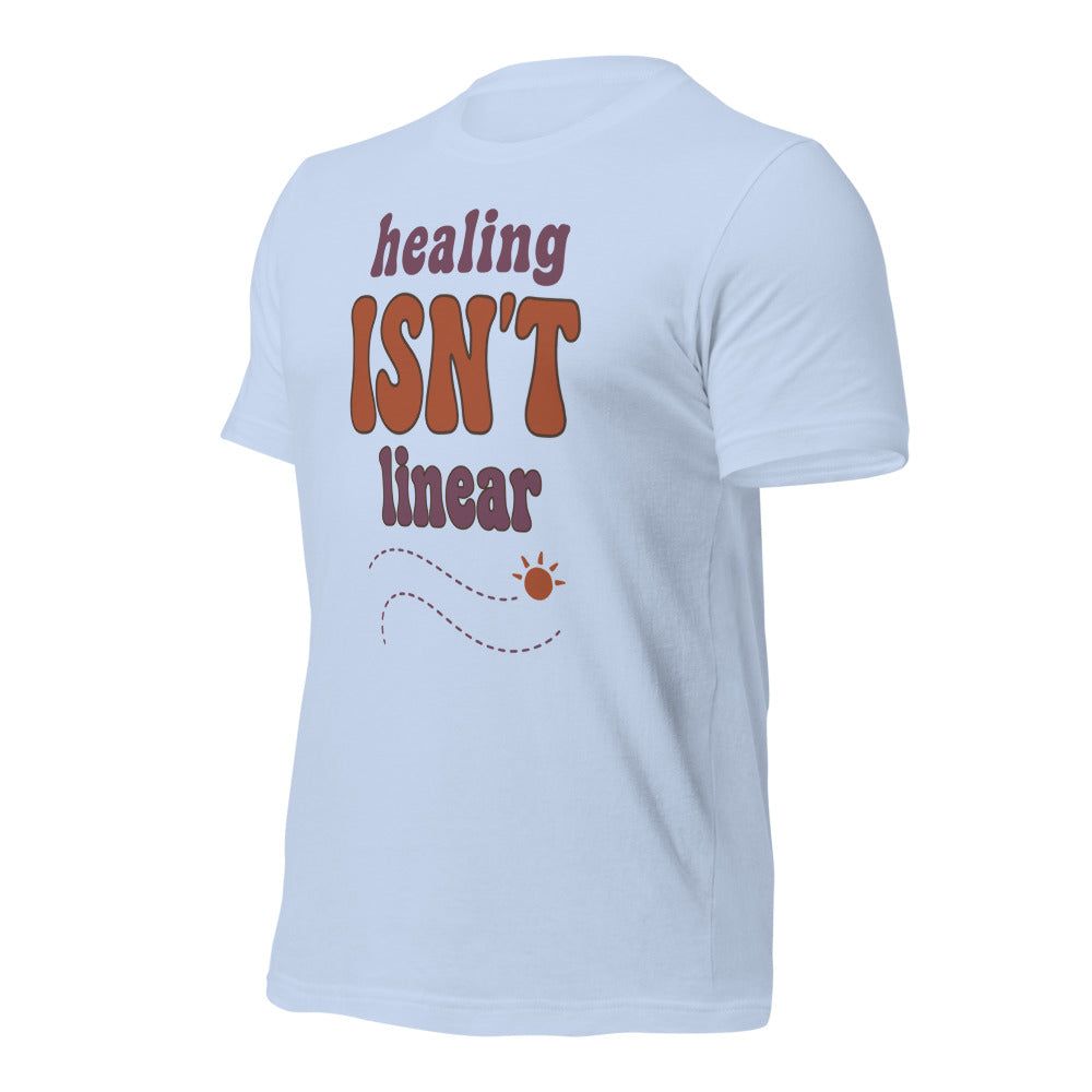 Healing Isn't Linear soft retro mental health tee — Baby Blue, front right