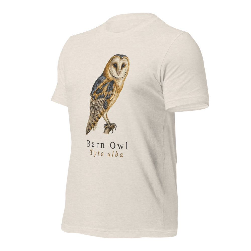 Barn Owl vintage field-guide tee — Heather Dust, front-right