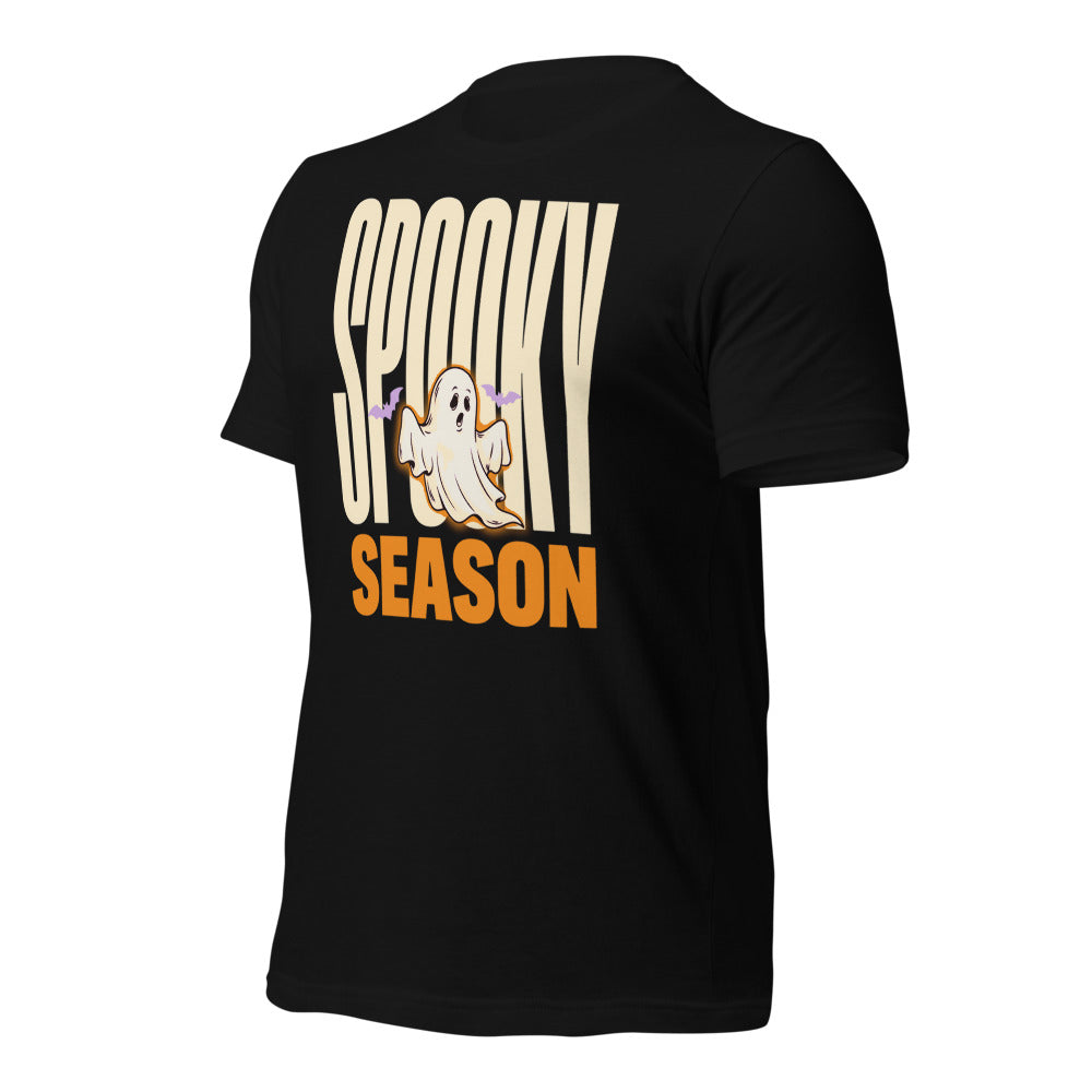 Spooky Season retro Halloween ghost typography tee — Black, front-right