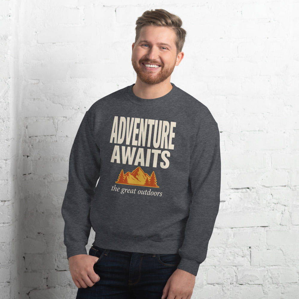 Adventure Awaits retro outdoors typography crewneck sweatshirt — Dark Heather, worn by model