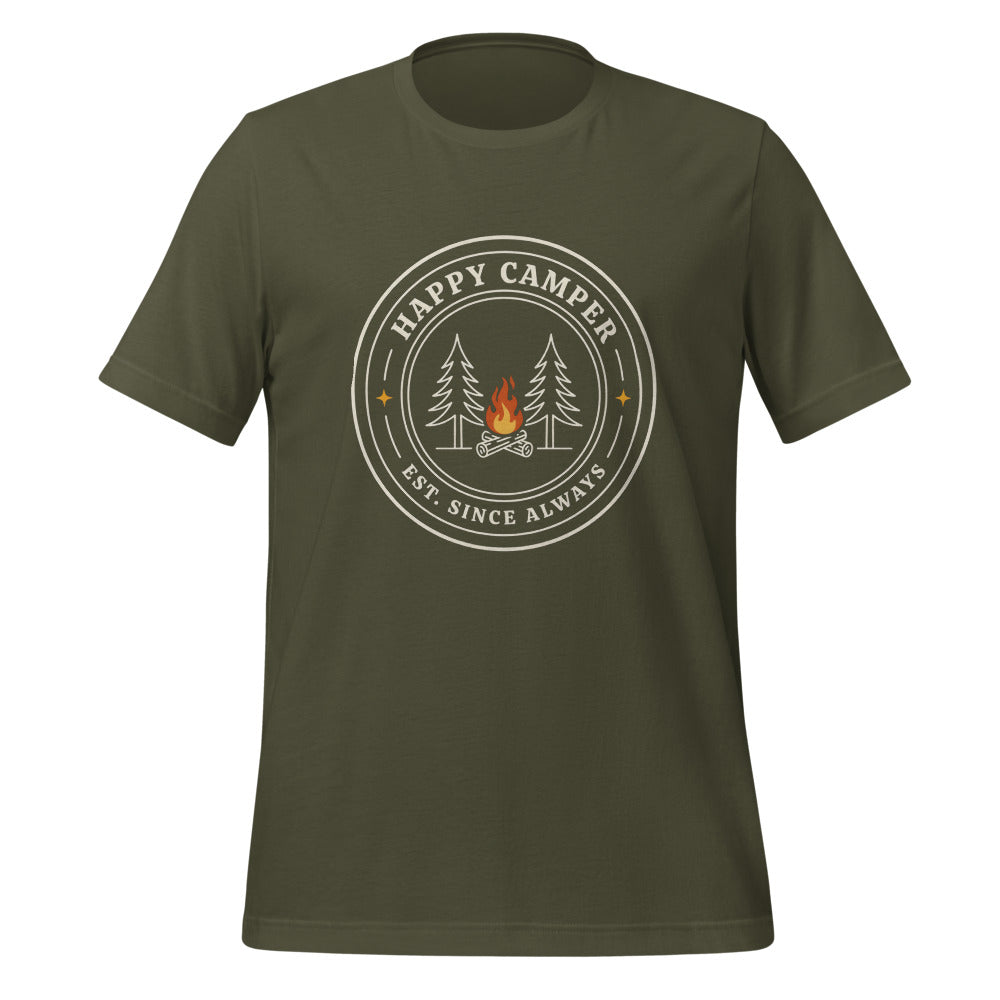 Happy Camper retro camp badge tee — Military Green, front