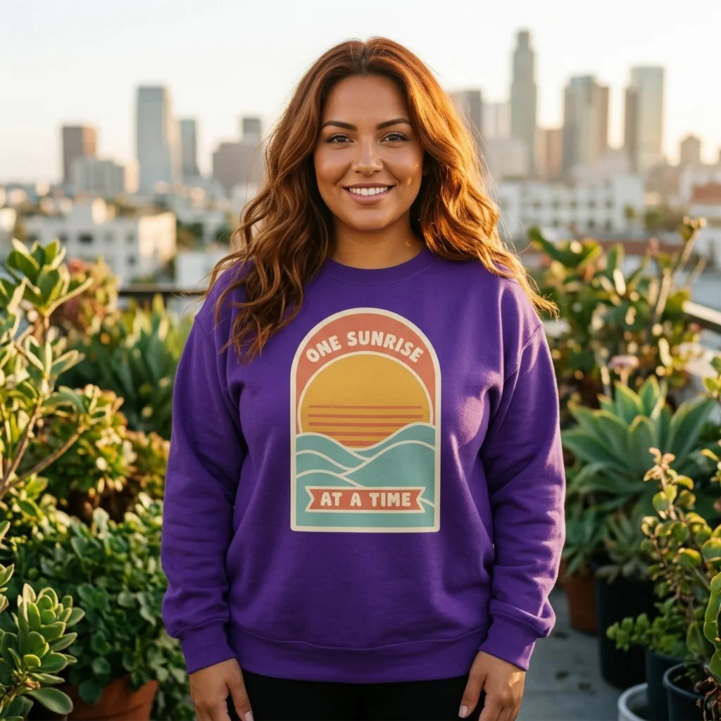 One Sunrise at a Time retro sunrise crewneck sweatshirt — lifestyle