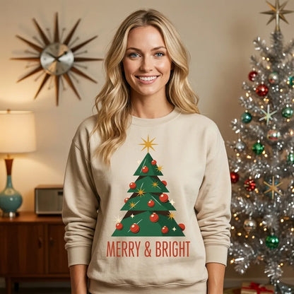 Atomic mid-century retro Christmas tree crewneck sweatshirt — lifestyle