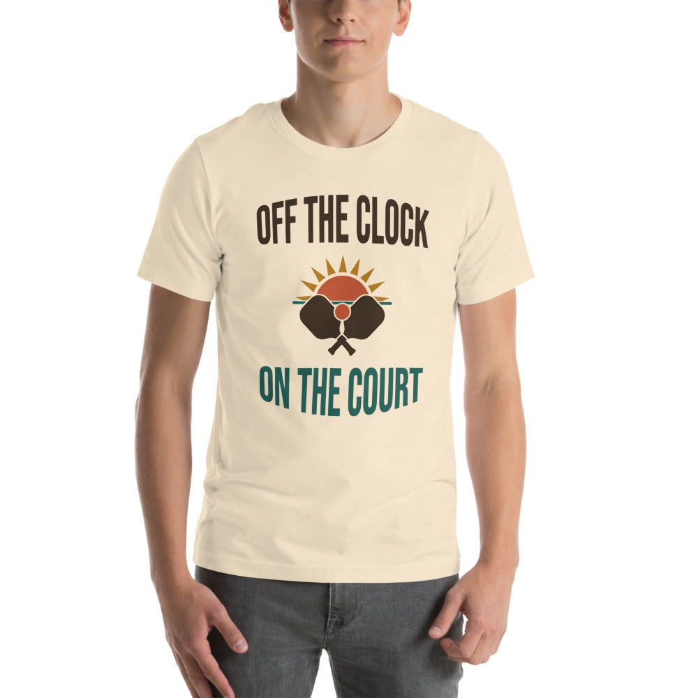 model wearing Off The Clock On The Court retro pickleball tee — HP Natural