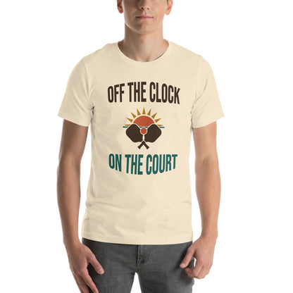 model wearing Off The Clock On The Court retro pickleball tee — HP Natural