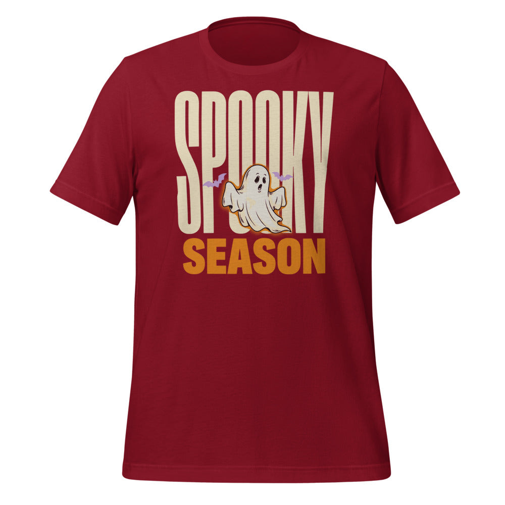 Spooky Season retro Halloween ghost typography tee — Cardinal, front