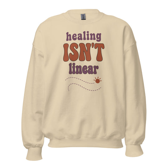 Healing Isn't Linear soft retro mental health crewneck sweatshirt — Sand, front