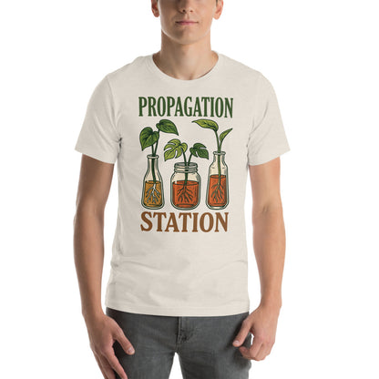 Propagation Station retro botanical plant lover tee — Heather Dust, on model