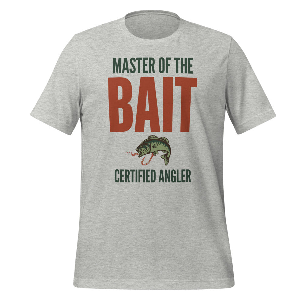 Master of the Bait retro fishing humor typography tee — Athletic Heather, front