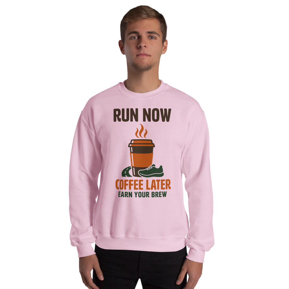 Run Now Coffee Later funny running crewneck sweatshirt — Light Pink, on model
