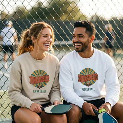 Dinkadelic retro 70s pickleball crewneck sweatshirt couple courtside lifestyle
