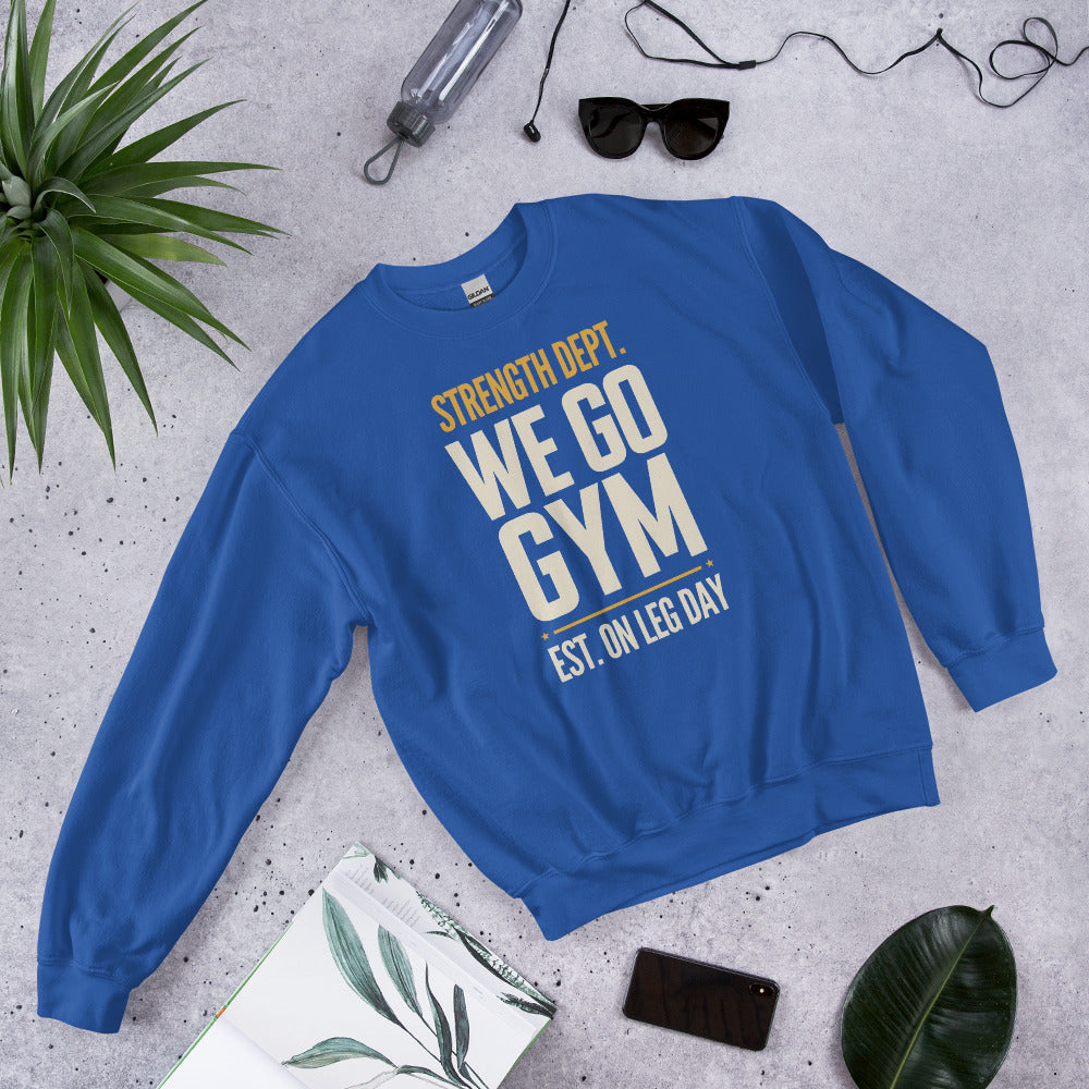 We Go Gym vintage athletic crewneck — Royal, front right