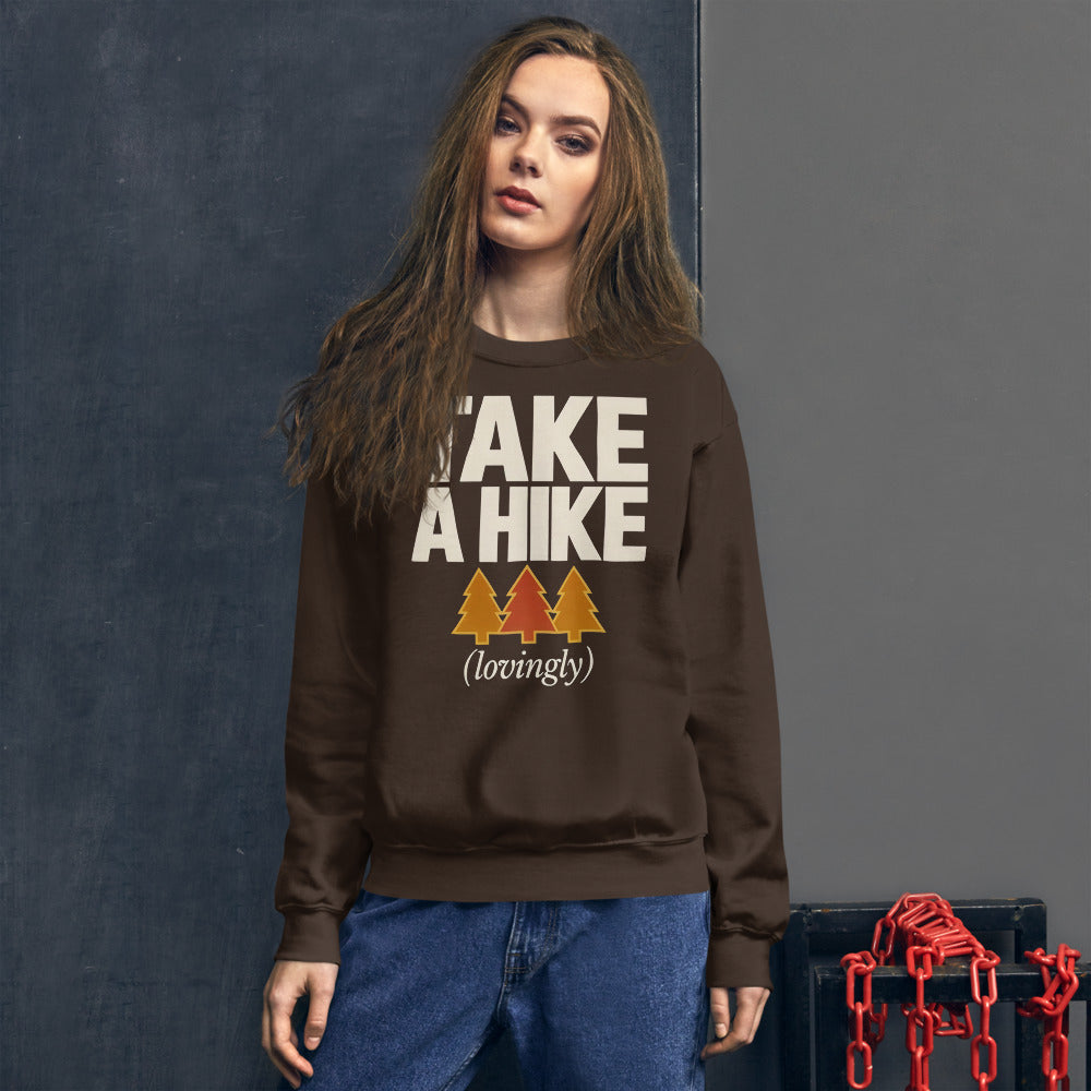 Take a Hike retro outdoors humor typography crewneck sweatshirt — Dark Chocolate, on model