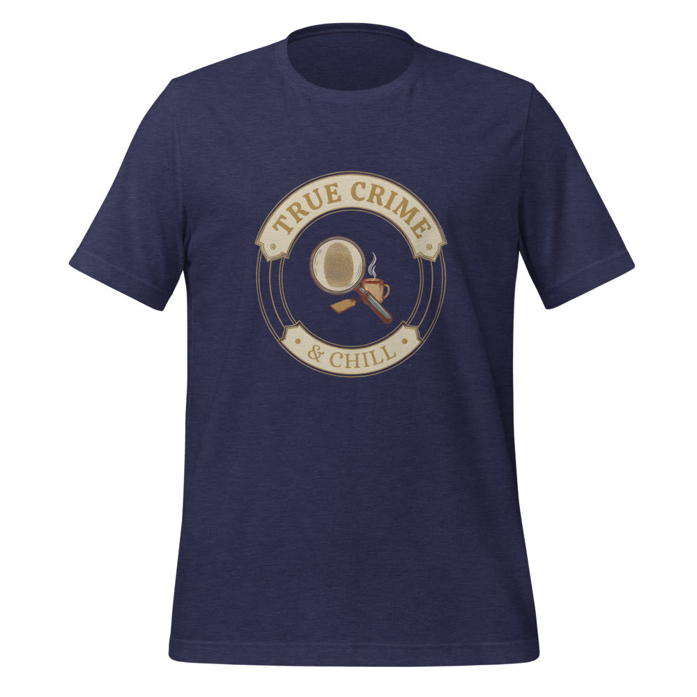 True Crime and Chill vintage case-file badge tee — Heather Midnight Navy, front