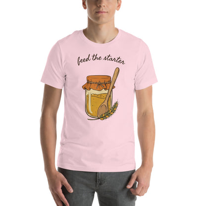 Feed The Starter sourdough baker tee — Soft Pink, on model