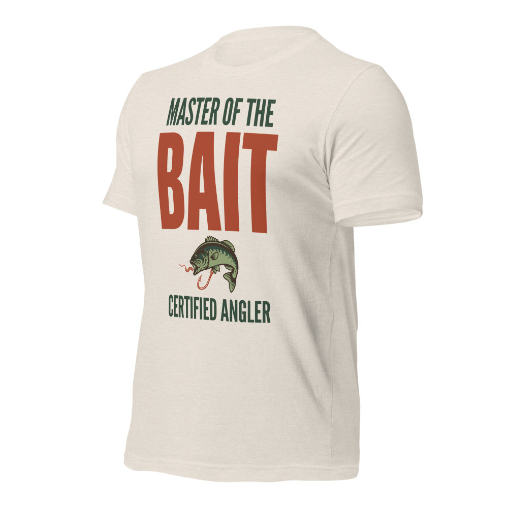 Master of the Bait retro fishing humor typography tee — Heather Dust, front-right