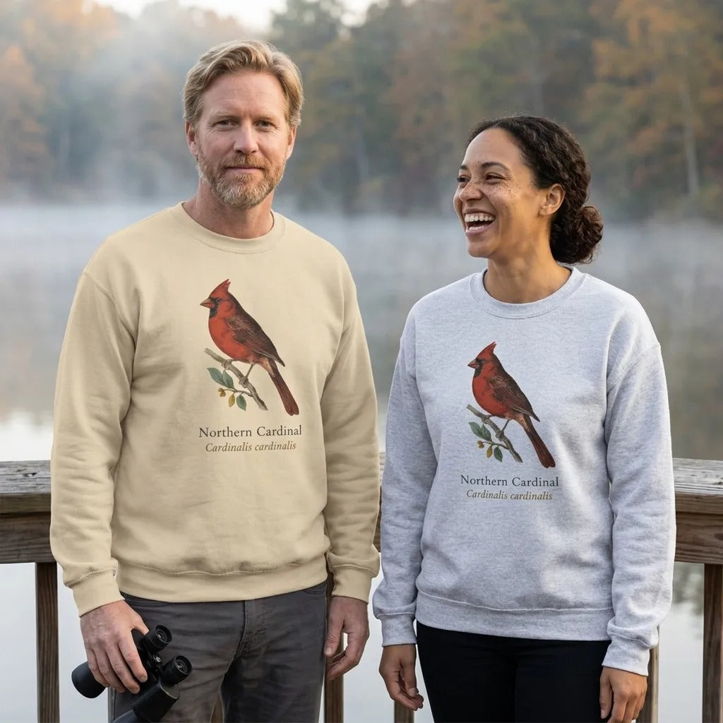 Two friends birdwatching at a misty lakeside at dawn, wearing the Northern Cardinal vintage field-guide crewneck sweatshirt in Sand and Ash