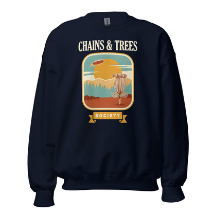 Chains & Trees Society disc golf retro landscape crewneck sweatshirt — Navy, front