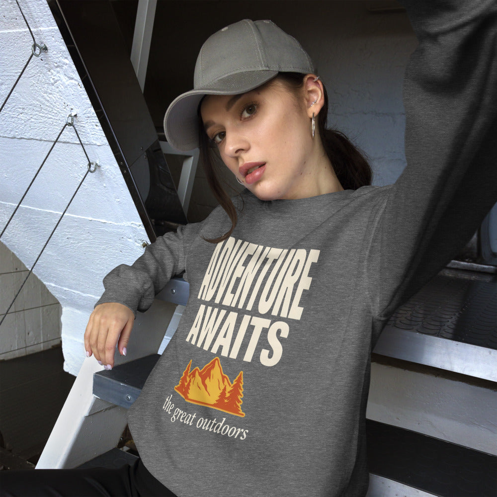 Adventure Awaits retro outdoors typography crewneck sweatshirt — Graphite Heather, worn by model