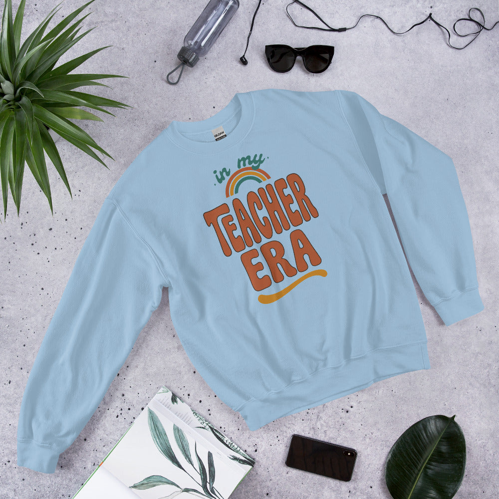 In My Teacher Era retro groovy teacher crewneck sweatshirt — Light Blue, front flat lay