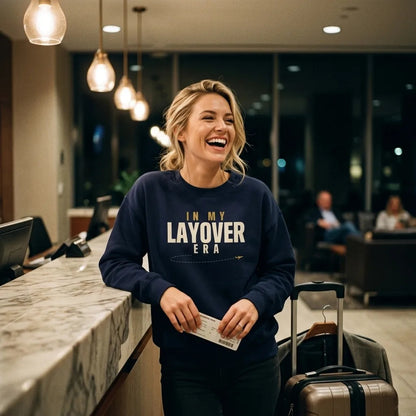 In My Layover Era flight attendant crewneck sweatshirt — lifestyle