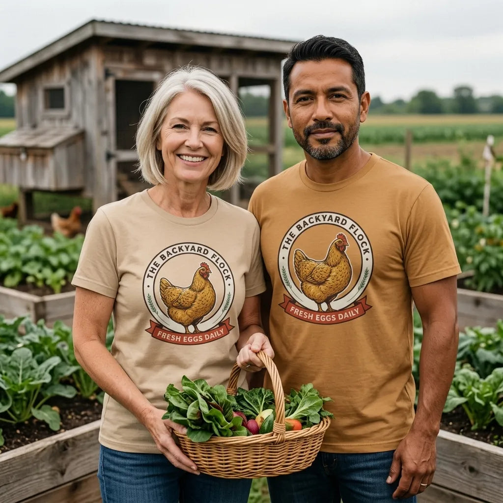 Backyard Flock heritage chicken keeper tee — lifestyle