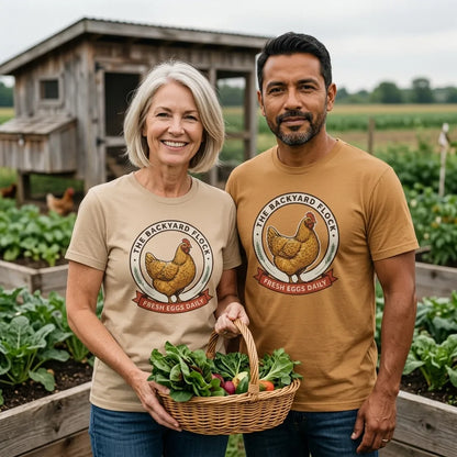 Backyard Flock heritage chicken keeper tee — lifestyle
