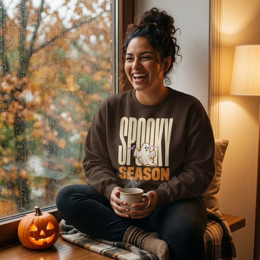 Spooky Season retro Halloween ghost typography crewneck sweatshirt — Dark Chocolate, relaxing by a rainy autumn window