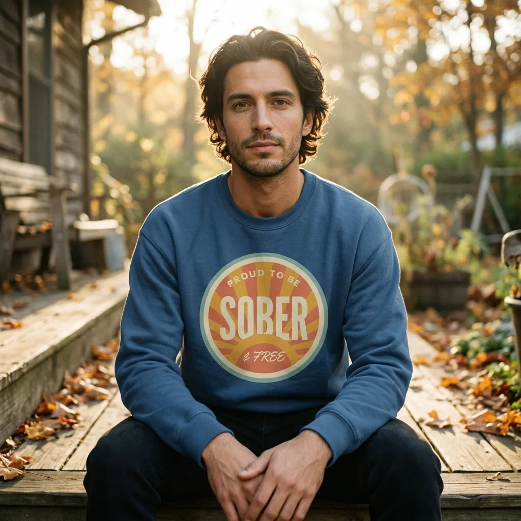 Sober & Proud retro sunburst crewneck sweatshirt — lifestyle