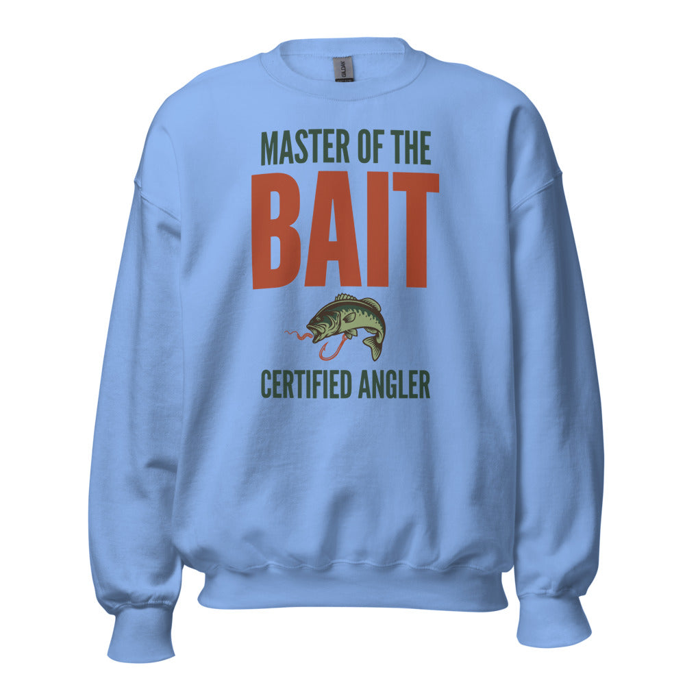 Master of the Bait retro fishing humor crewneck sweatshirt — Carolina Blue, front