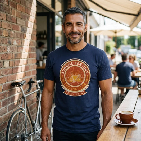 Sunrise Century C.C. retro cycling club badge t-shirt — lifestyle