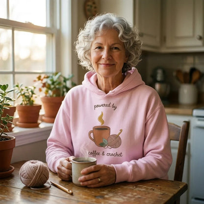Powered by Coffee and Crochet cottagecore crochet hoodie — lifestyle