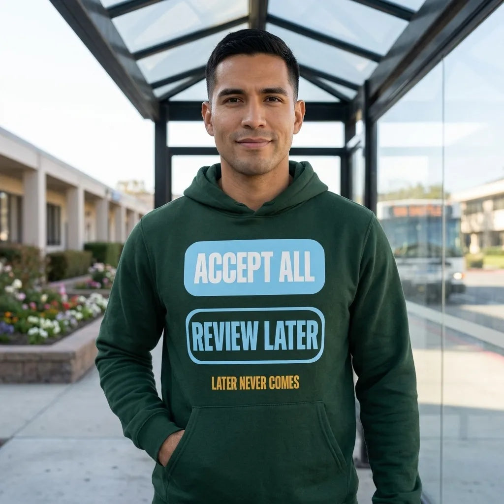 Accept All Review Later hoodie — lifestyle