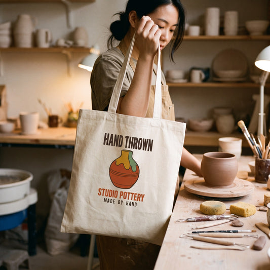 Hand Thrown Studio Pottery retro poster cotton tote bag — lifestyle