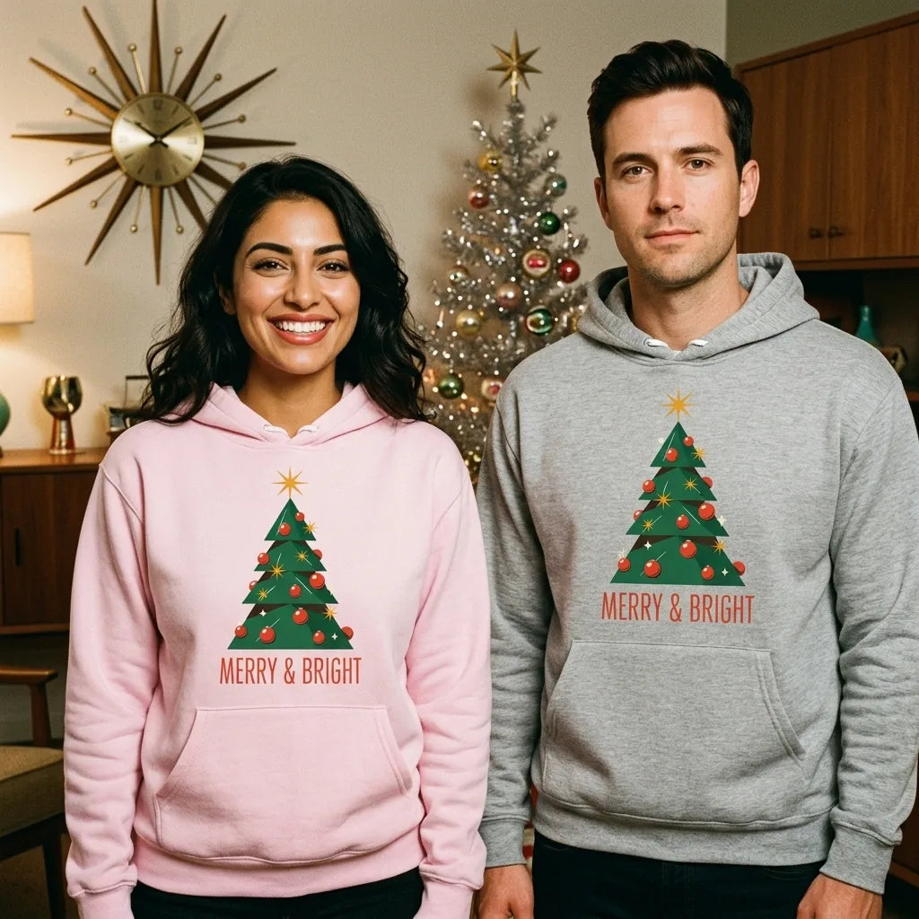 Atomic mid-century retro Christmas tree hoodie — lifestyle