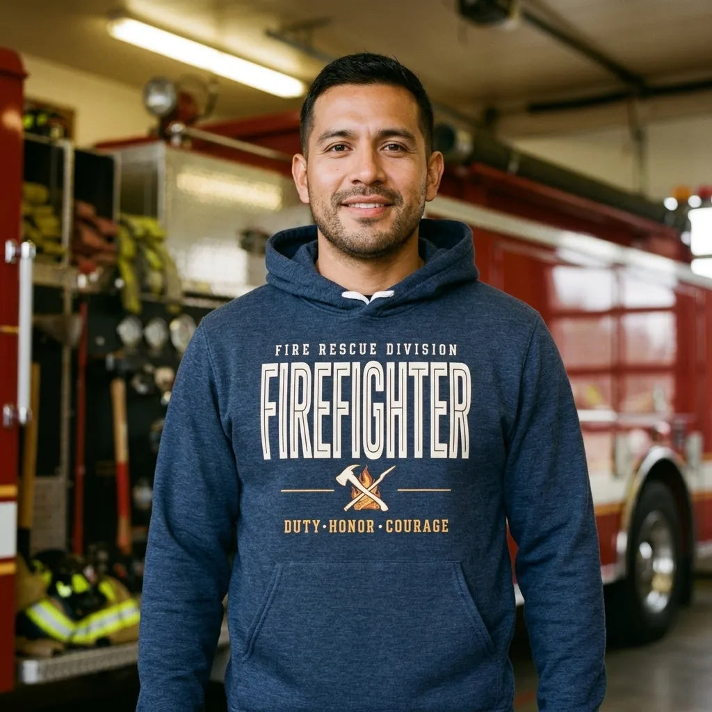 Firefighter collegiate wordmark retro fire-rescue hoodie — lifestyle