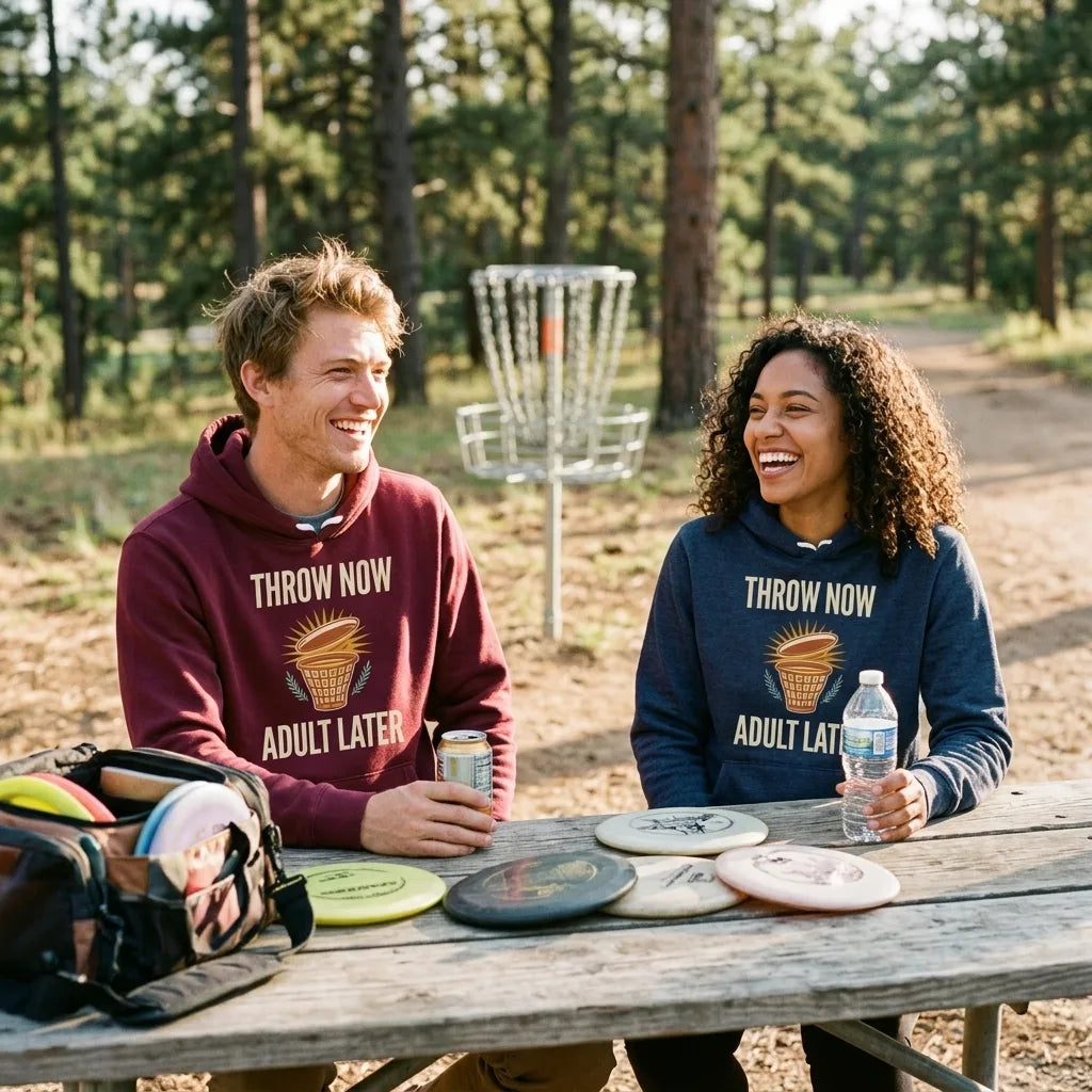 Throw Now Adult Later disc golf retro hoodie — lifestyle