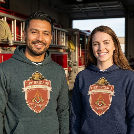 Fire Brigade Earned Not Given retro firefighter shield emblem hoodie — lifestyle