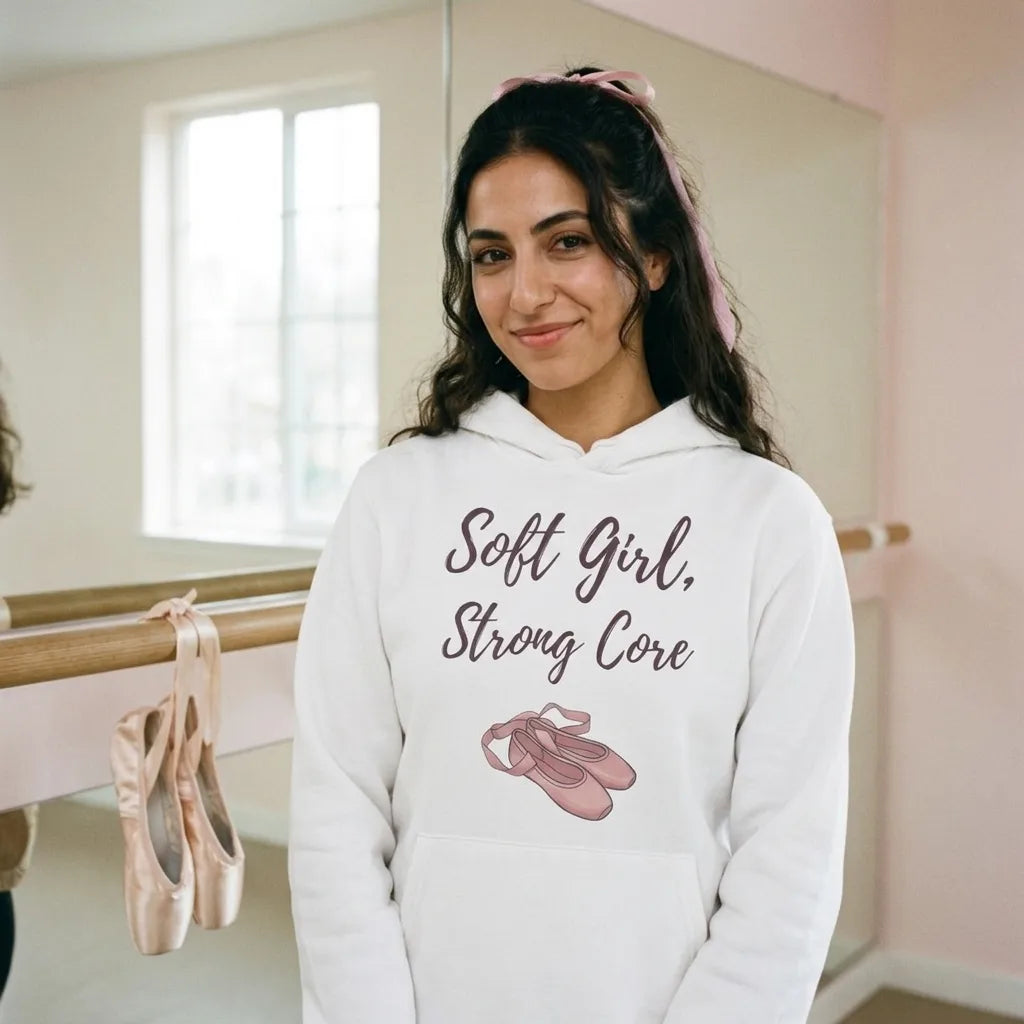 Soft Girl Strong Core ballet coquette pilates hoodie — lifestyle