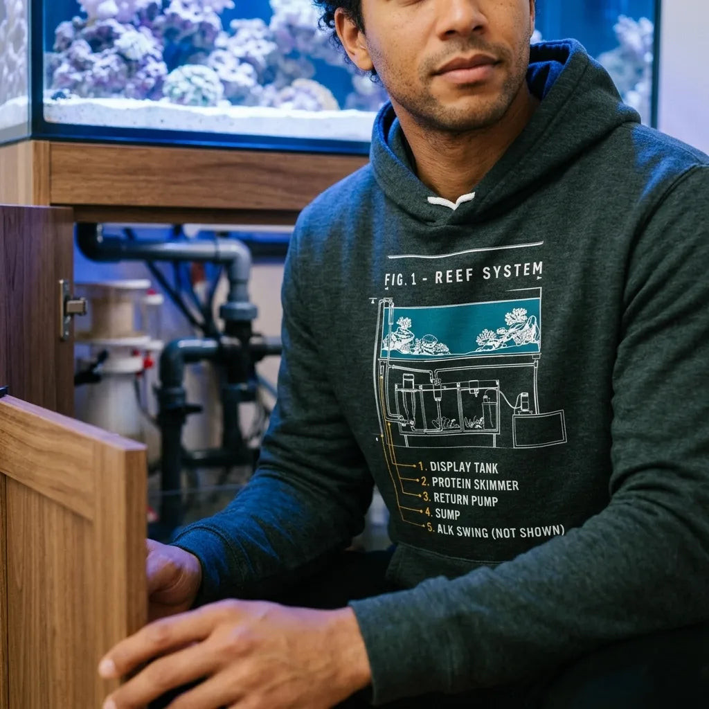 Reef System technical cutaway saltwater aquarium hoodie — lifestyle