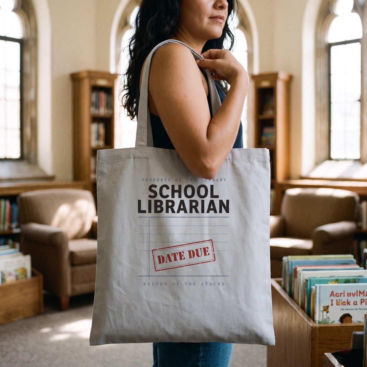 Property of the School Library card catalog school librarian cotton tote bag — lifestyle