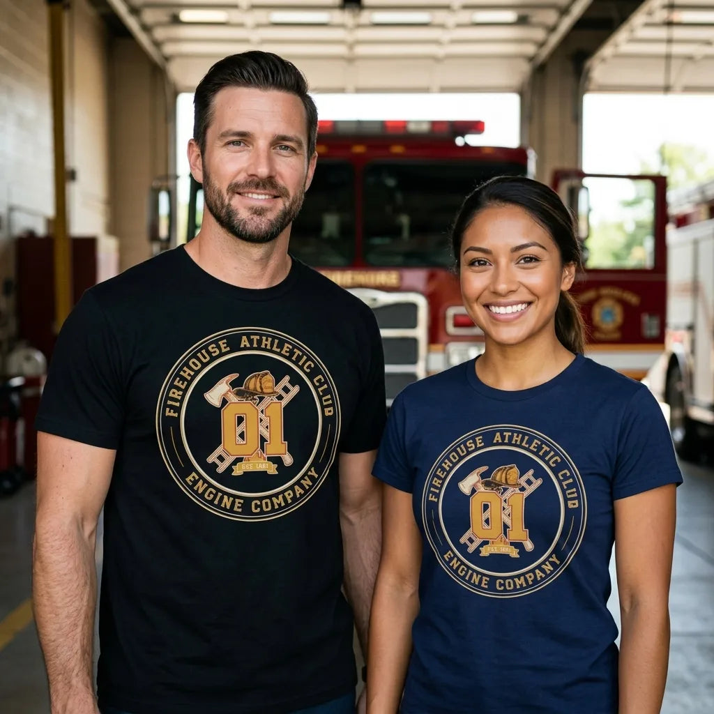 Firehouse Athletic Club retro firefighter emblem tee — lifestyle