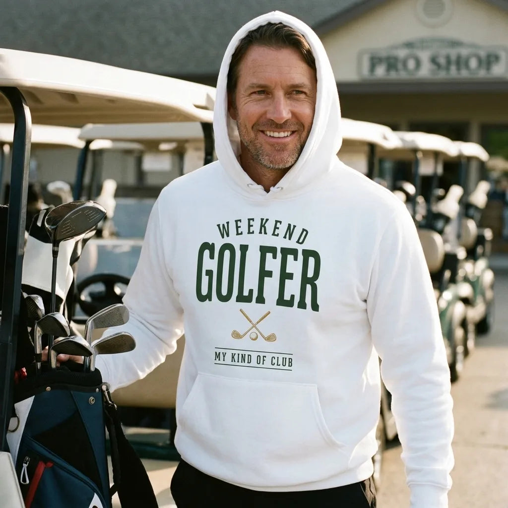 Weekend Golfer vintage golf wordmark hoodie — lifestyle