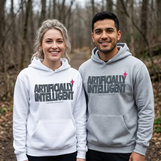 Artificially Intelligent funny AI pullover hoodie — lifestyle