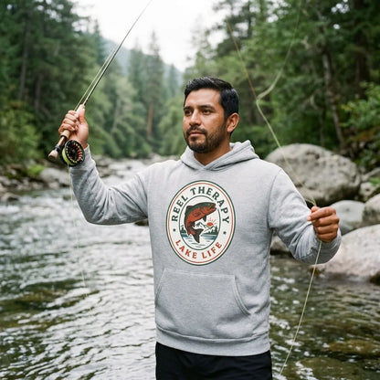 Reel Therapy retro national-park trout badge fishing hoodie — lifestyle